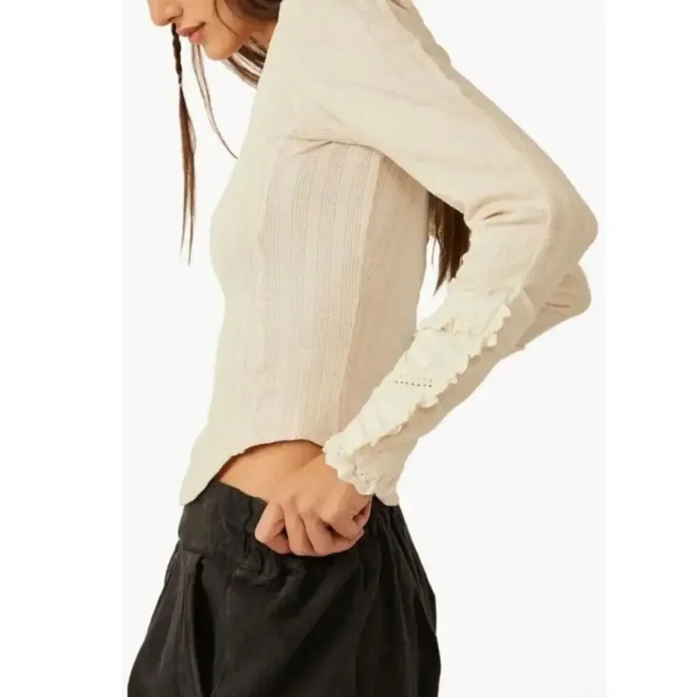 Free People Could I Love You More Ivory Ribbed Lace Cuff Top Small